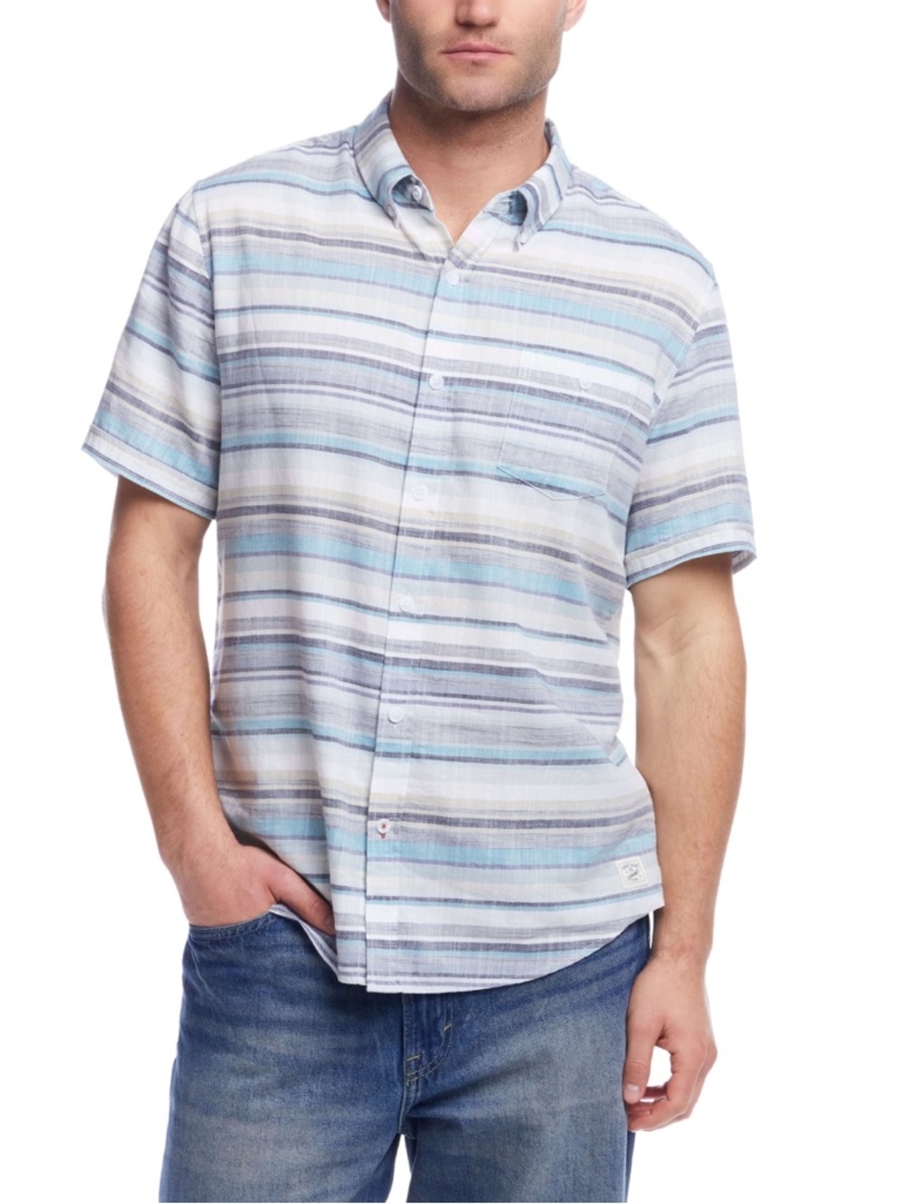 Weatherproof Casual Button Down Shirt Linen Cotton Striped Blue Mens Medium NWT - Picture 10 of 10